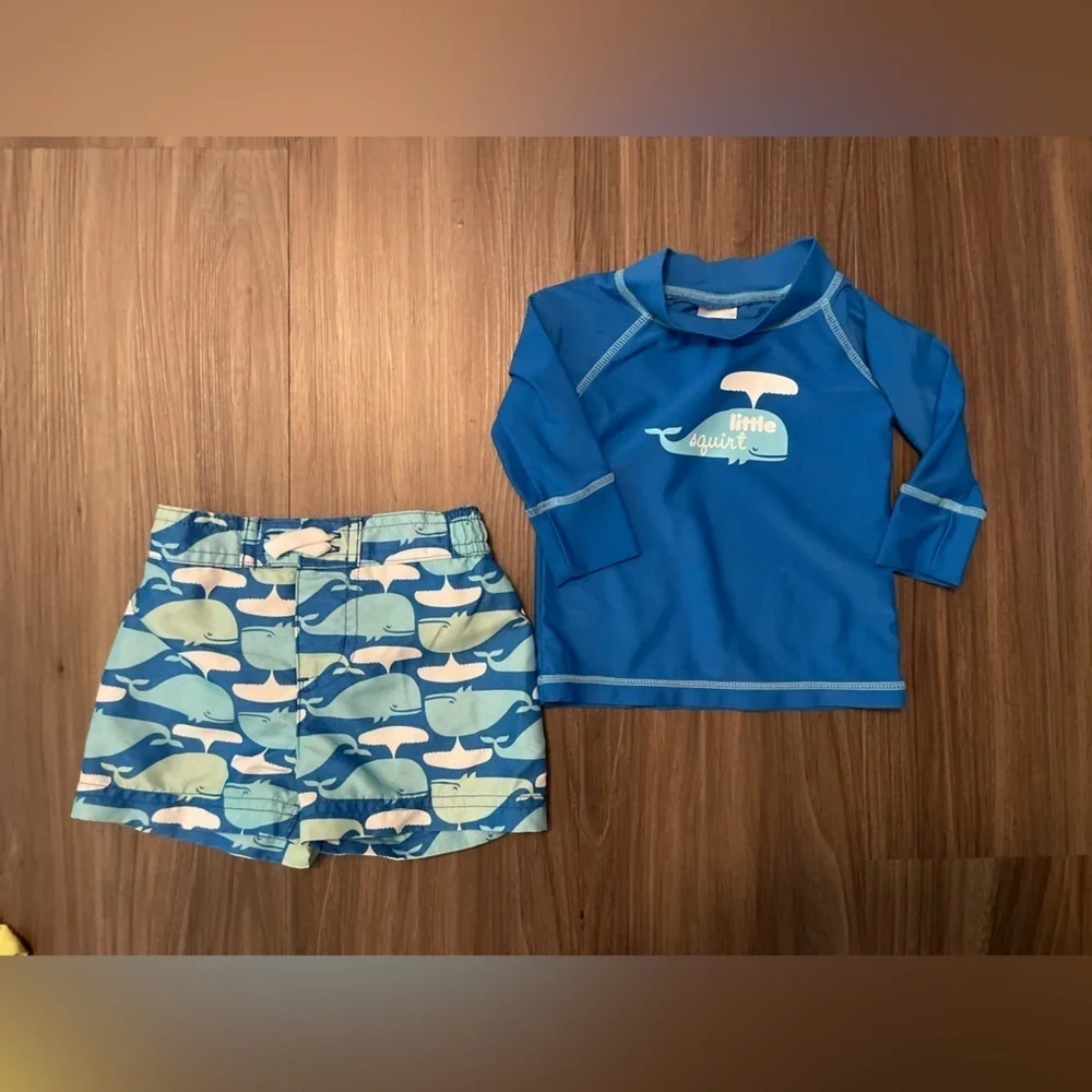 Boutique Baby Blue Whale Rashguard And Swim Trunks Set size 3/6M